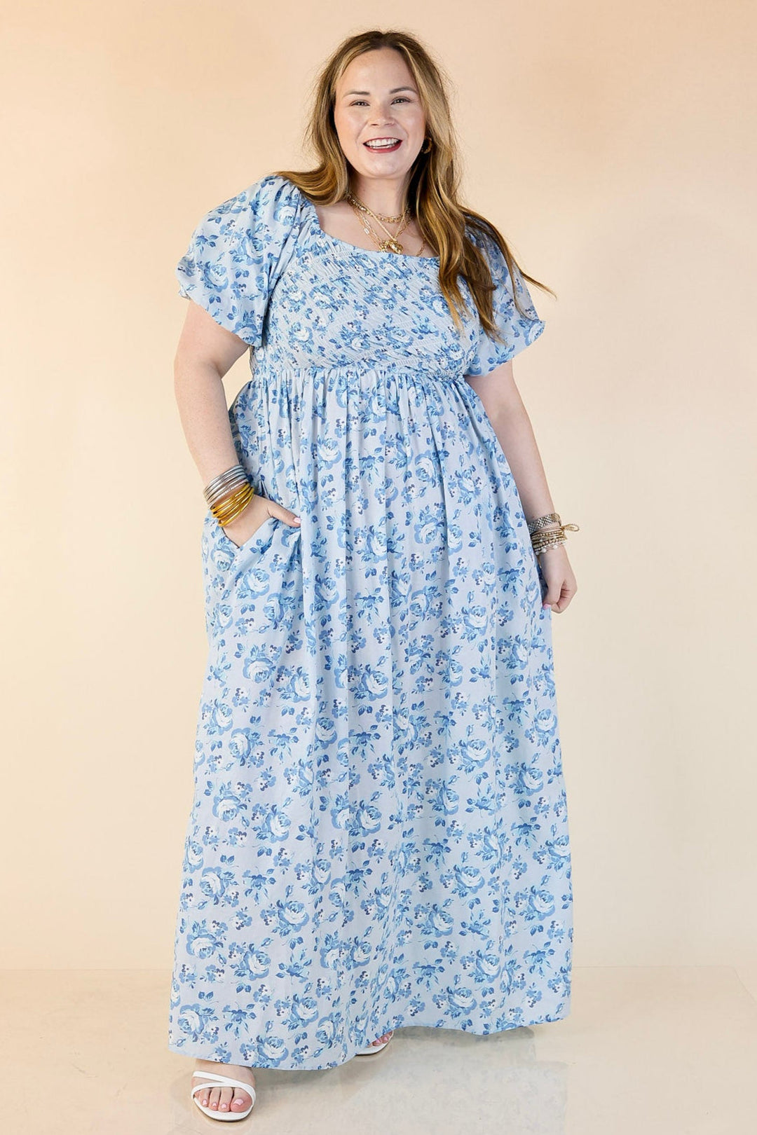 Floral Print Maxi Dress with Short Puff Sleeves in Blue Giddy Up Glamour Boutique Floral Print Maxi Dress with Short Puff Sleeves in Blue Giddy Up Glamour Boutique