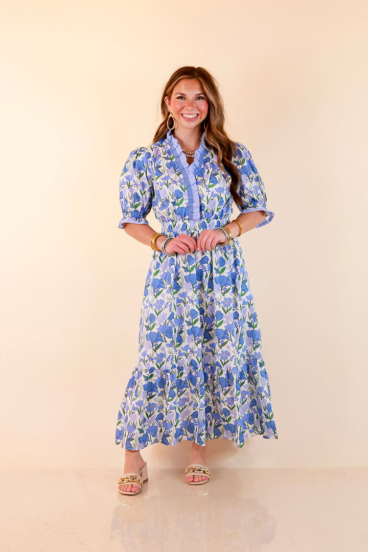 Gracefully Yours Floral Print Midi Dress with Contrast Ruffle Trim in Blue