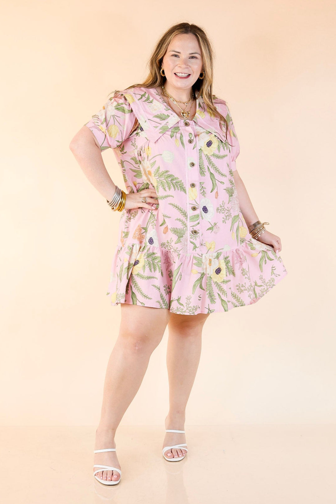 Call Me Charming Button Up Floral Print Dress with Peter Pan Collar in Light Pink
