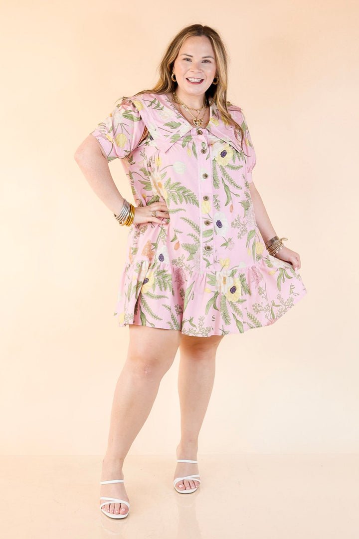 Call Me Charming Button Up Floral Print Dress with Peter Pan Collar in Light Pink