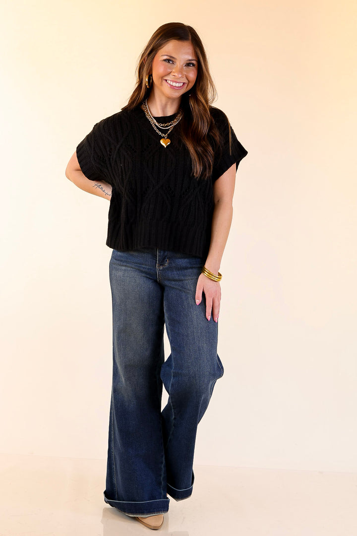 Knit to Last Cable Knit Short Sleeve Sweater Top in Black