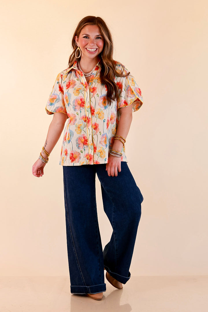 Petals and Plans Poppy Floral Print Button Up Collar Blouse in Cream