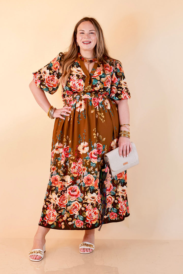 Brunch with the Girls Puff Sleeve Smocked Waist Floral Print Tiered Midi Dress in Chocolate Brown Multi
