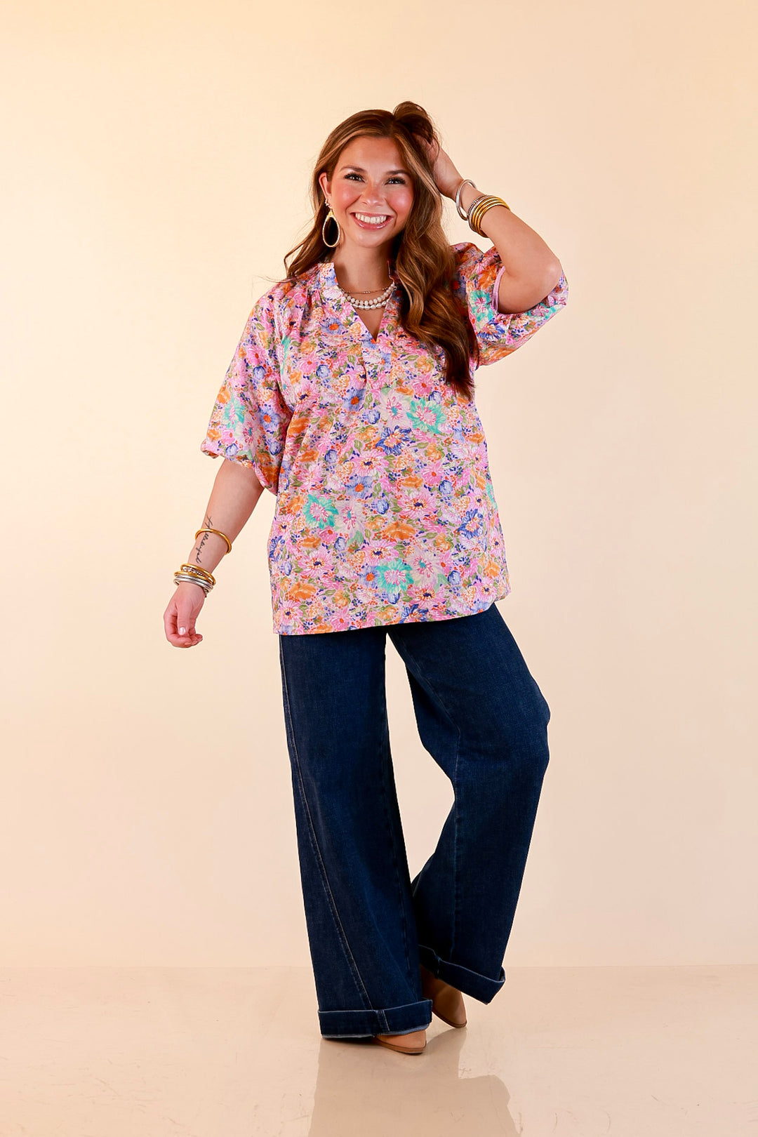 Blooming Beauty Floral Print V Neck Top with Smocked Neckline and Puff Sleeves in Pink Multi Color