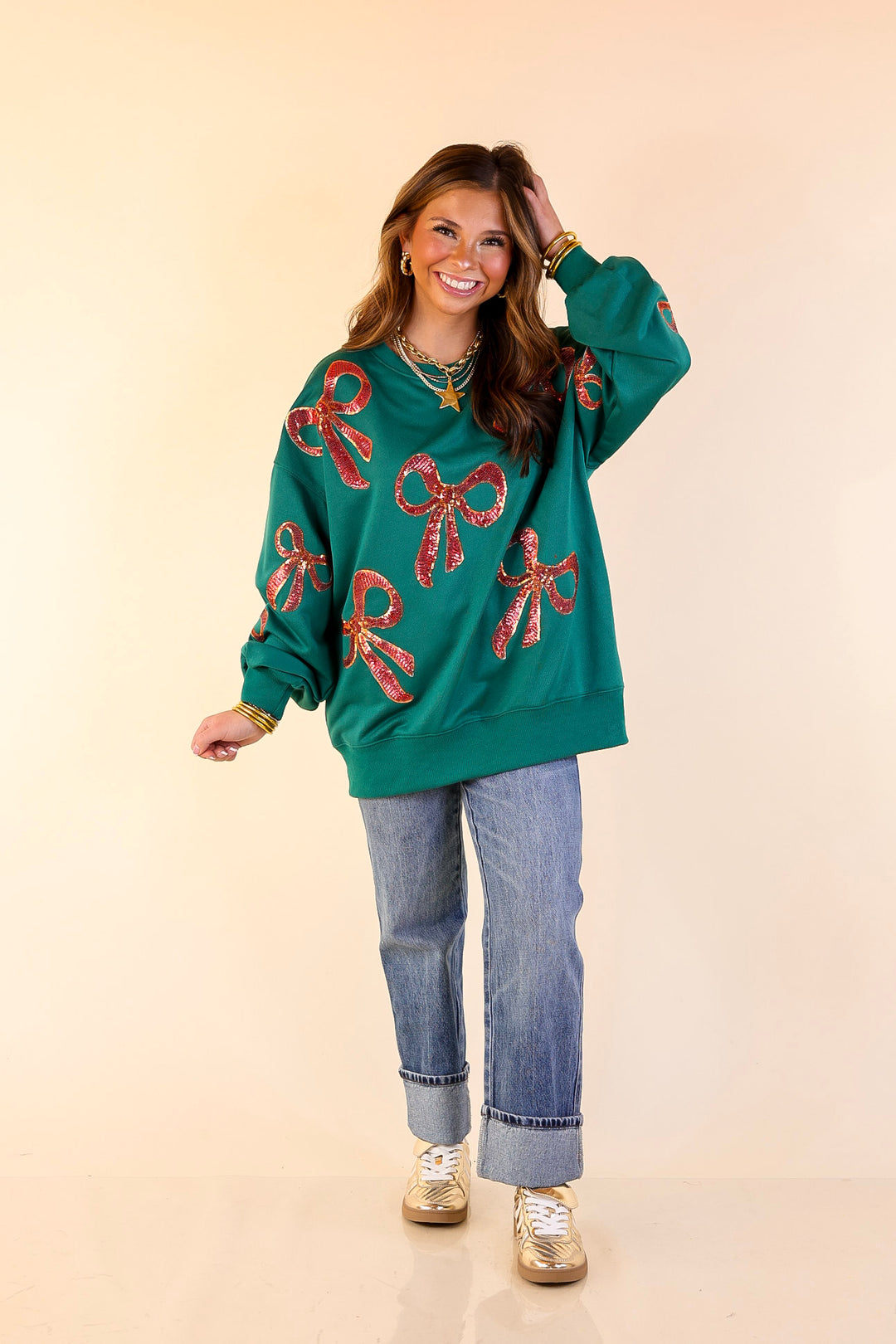Wrapped in Style Crewneck Sweatshirt with Sequin Red Bows in Dark Green