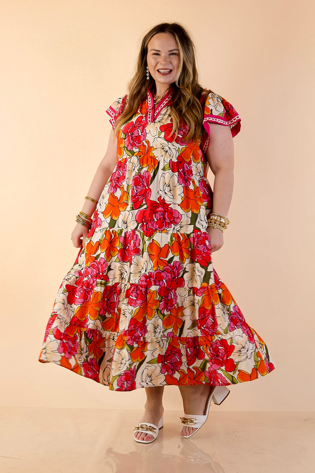 Spring Symphony Floral Print Tiered Midi Dress with Flutter Sleeves in Pink and Orange