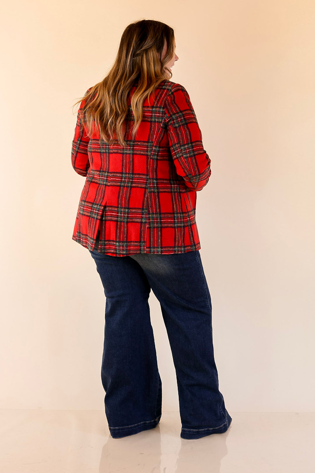 Season to Shine Long Sleeve Tartan Plaid Blazer in Red