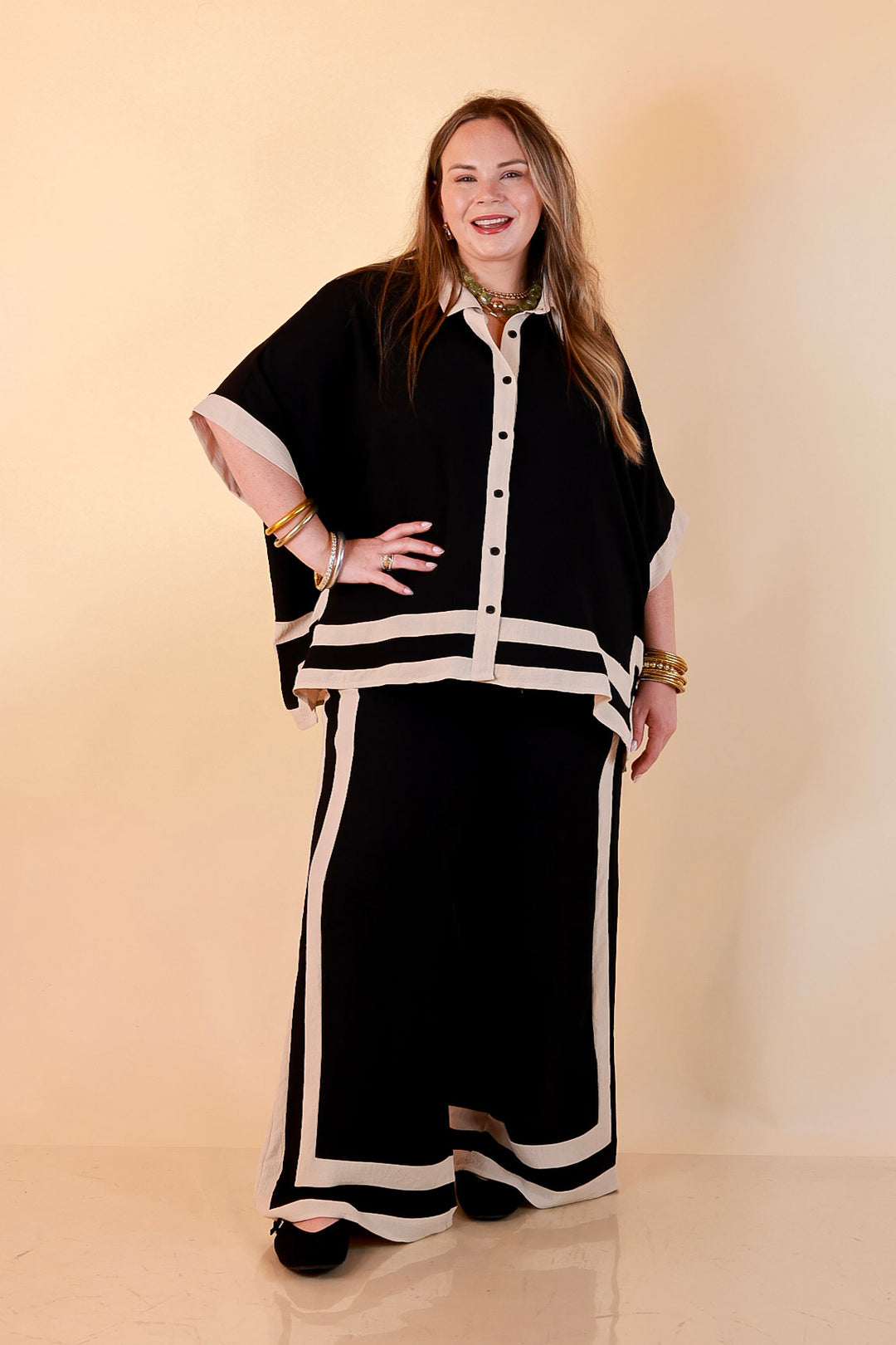 First Class Chic Button Front Collared Top with Matching Wide Leg Pants Set in Black and Ivory
