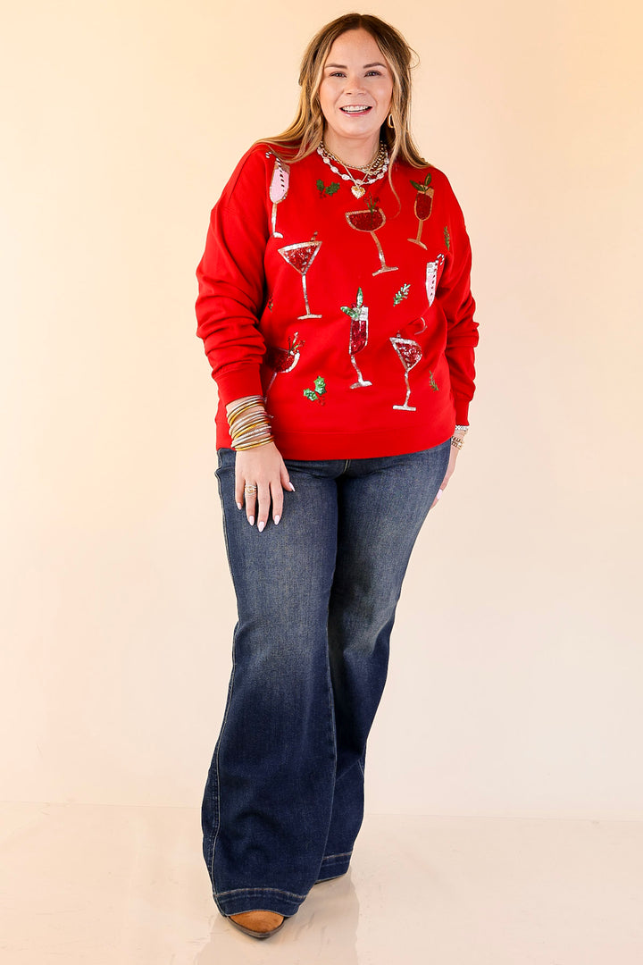 Mud Pie | Season's Sippings Oversized Sequin Cocktail Graphic Sweatshirt in Red
