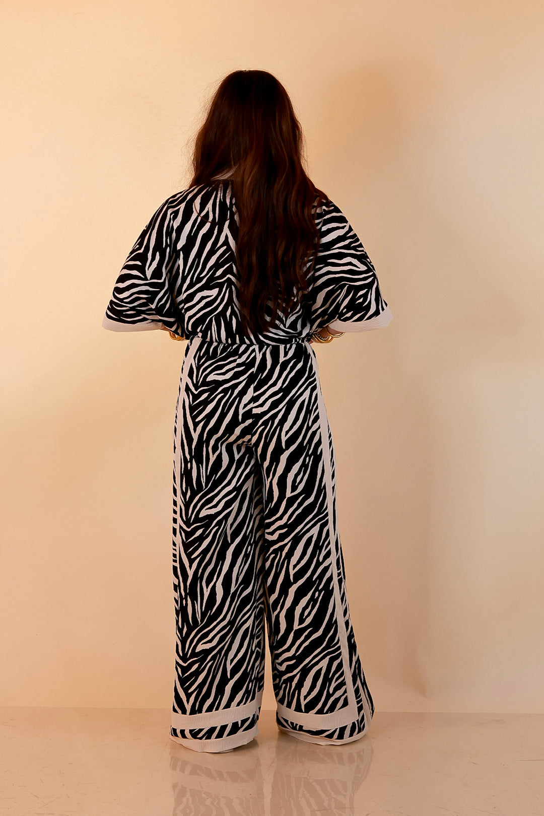 First Class Chic Button Front Collared Top with Matching Wide Leg Pants Set in Black and Ivory Zebra Print