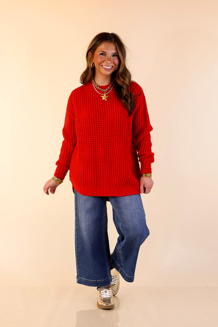 Cool Day Classic Scoop Neck Long Sleeve Large Waffle Knit Sweater in Red
