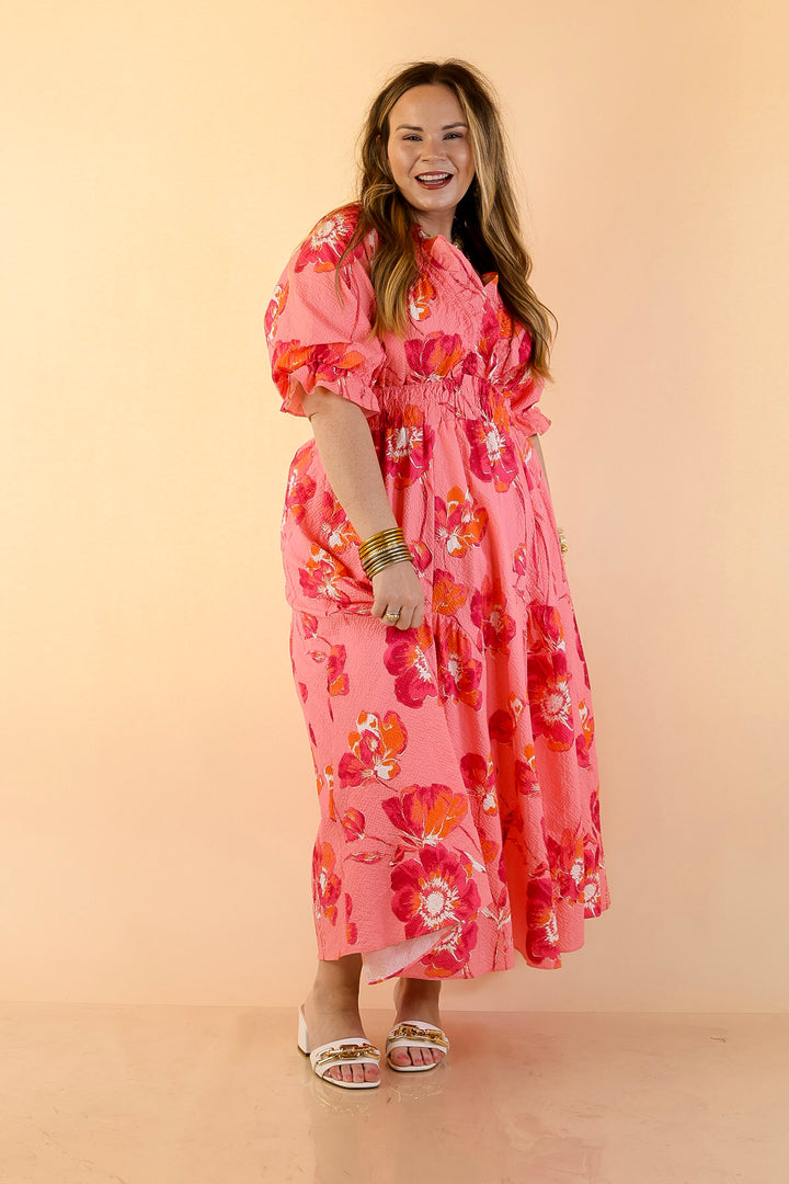 Breezy Belle Floral Print Textured Puff Sleeve Midi Dress with Smocked Waist in Pink Mix