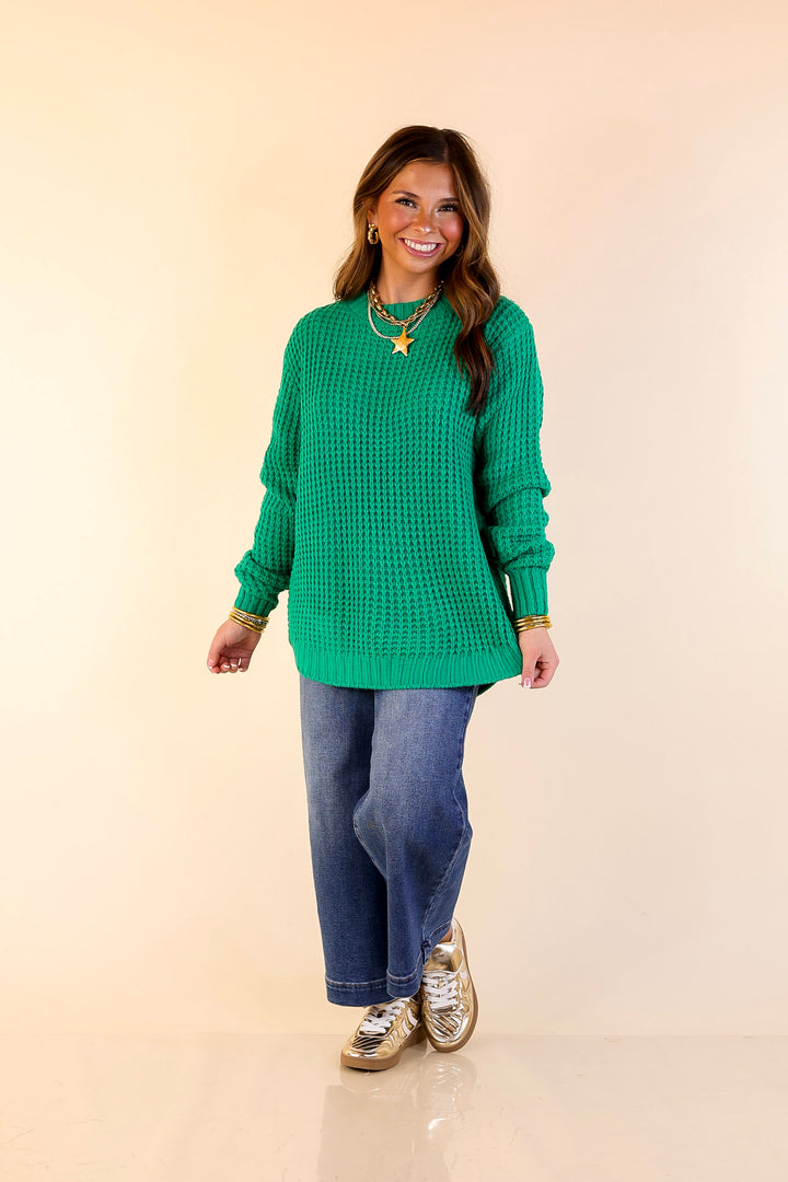 Cool Day Classic Scoop Neck Long Sleeve Large Waffle Knit Sweater in Kelly Green