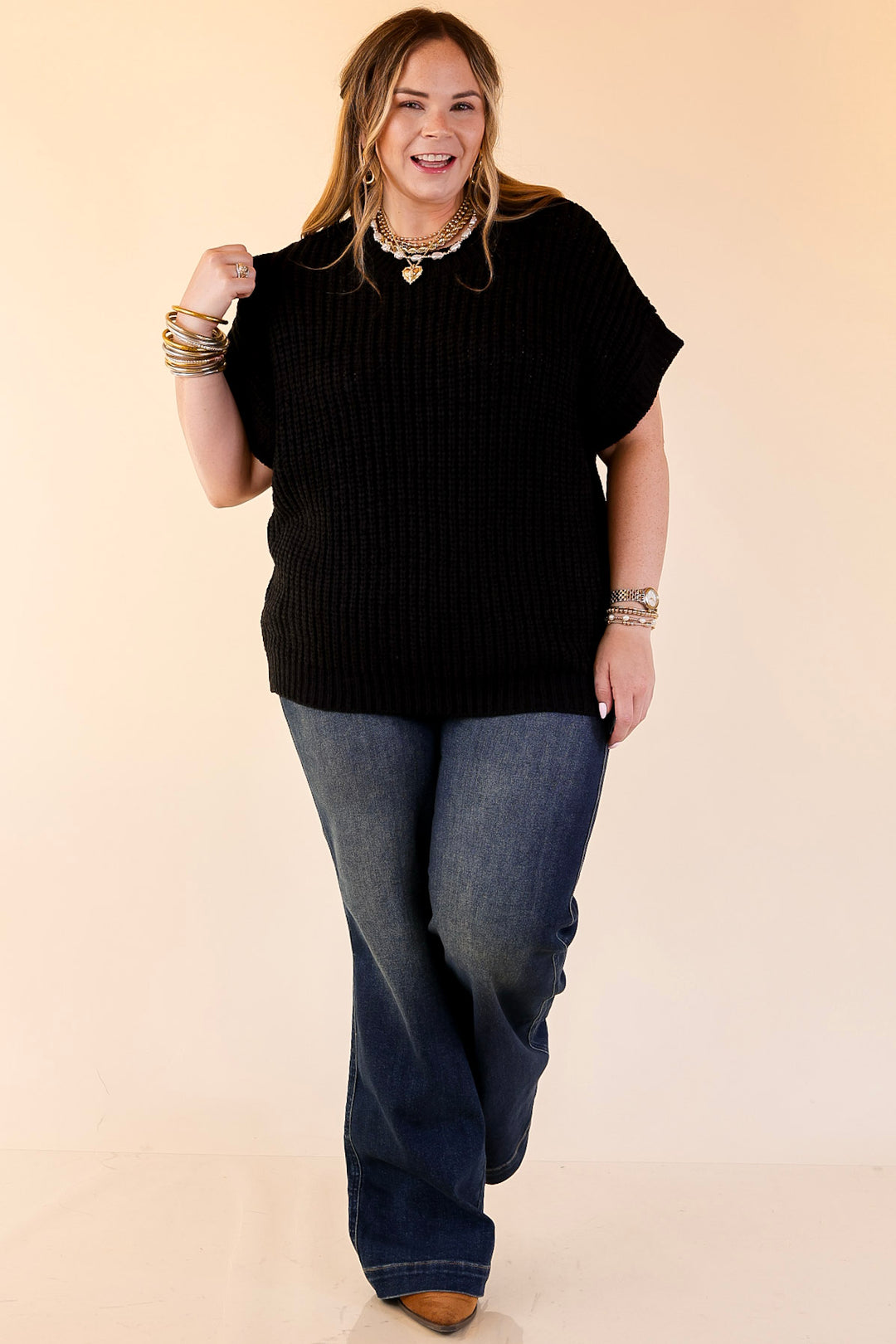 Tried and True Short Sleeve Oversized Knit Sweater in Black