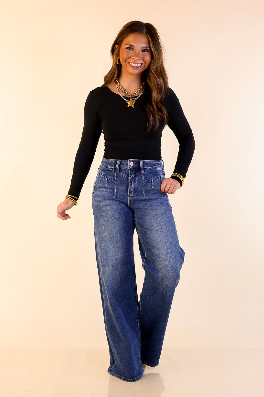 Risen | Rocky Mountain Retreat 90's Inspired Wide Leg Front Yoke Seam Detail Jeans in Dark Wash