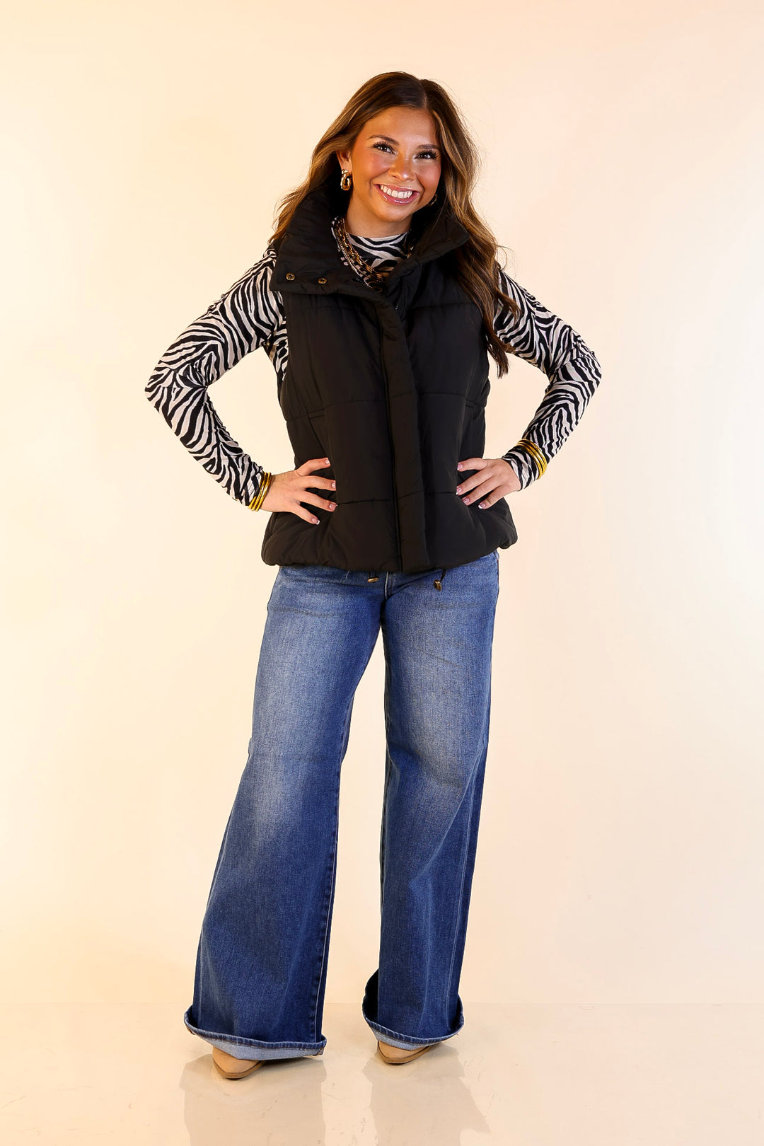 Evergreen Escape High Neck Puffer Vest in Black