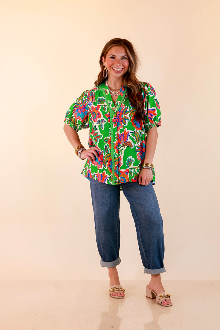 Petal Pop Floral Print Ruffle Front Button Up Top with Puff Sleeves in Green