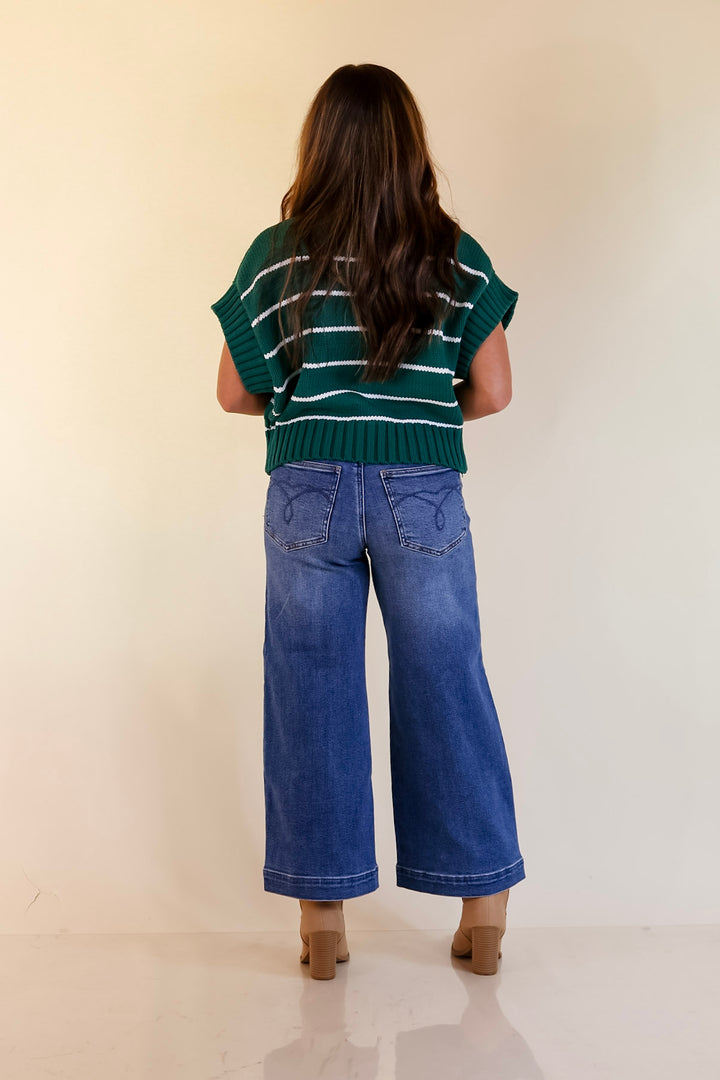 Sweet in Stripes Short Sleeve Striped Mock Neck Sweater in Forest Green