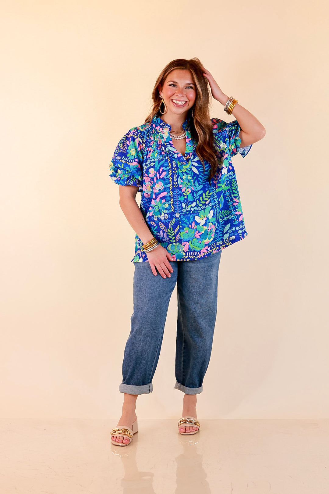 Living in Color Watercolor Floral Print Textured Top with Puff Sleeves in Royal Blue