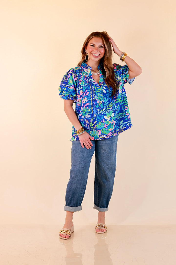 Living in Color Watercolor Floral Print Textured Top with Puff Sleeves in Royal Blue
