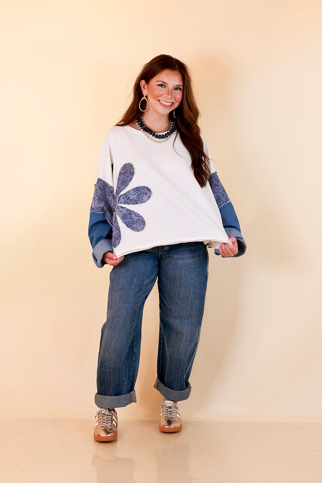 Blooming Details Oversized Floral Appliqué Contrast Sleeve Raw Hem Top in Ivory and Denim Blue