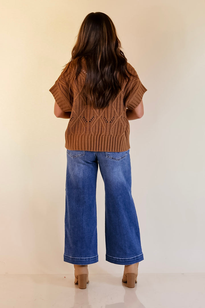 Knit to Last Cable Knit Short Sleeve Sweater Top in Camel Brown