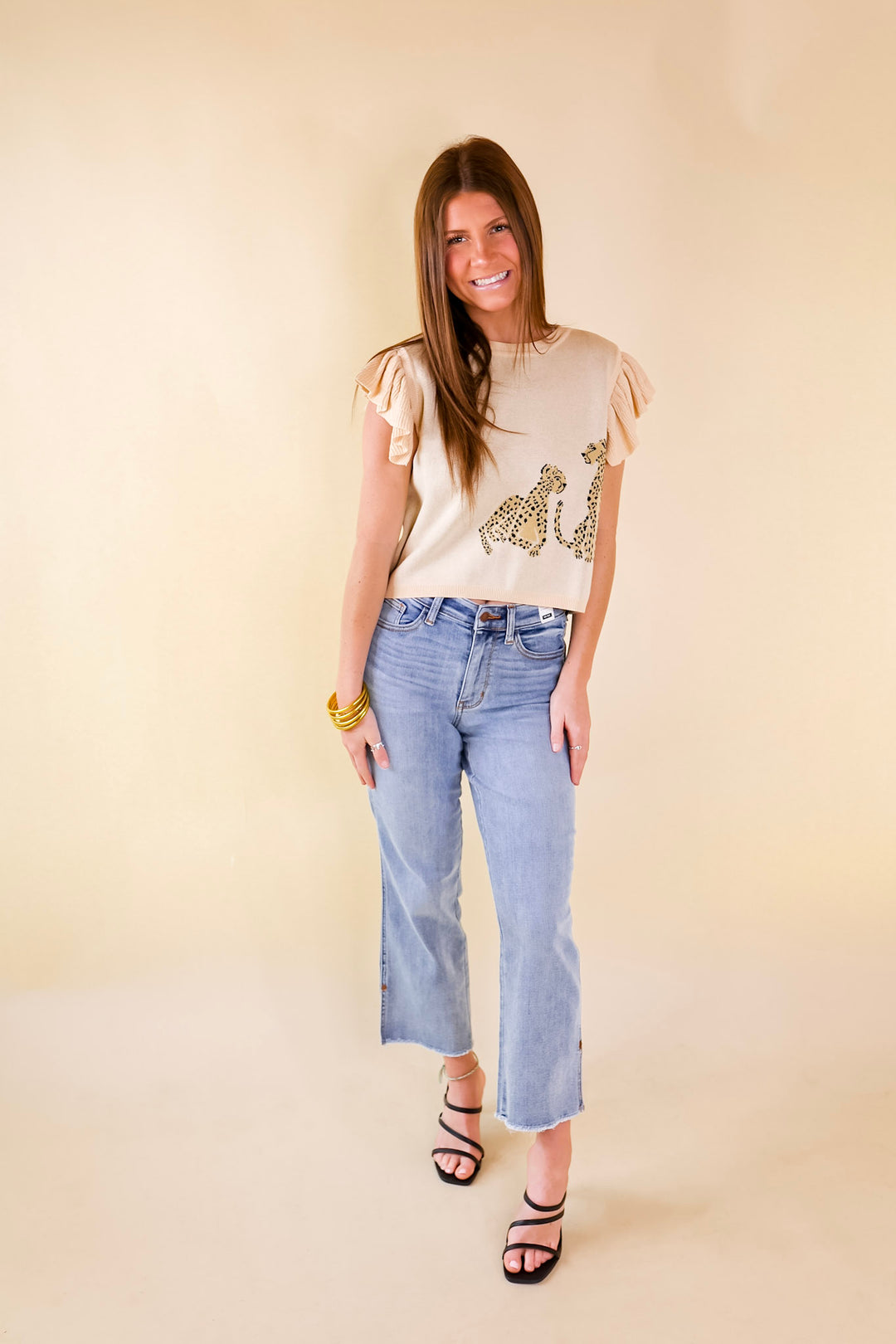 Talk This Way Cheetah Print Sweater with Ruffle Cap Sleeves in Beige - Giddy Up Glamour Boutique