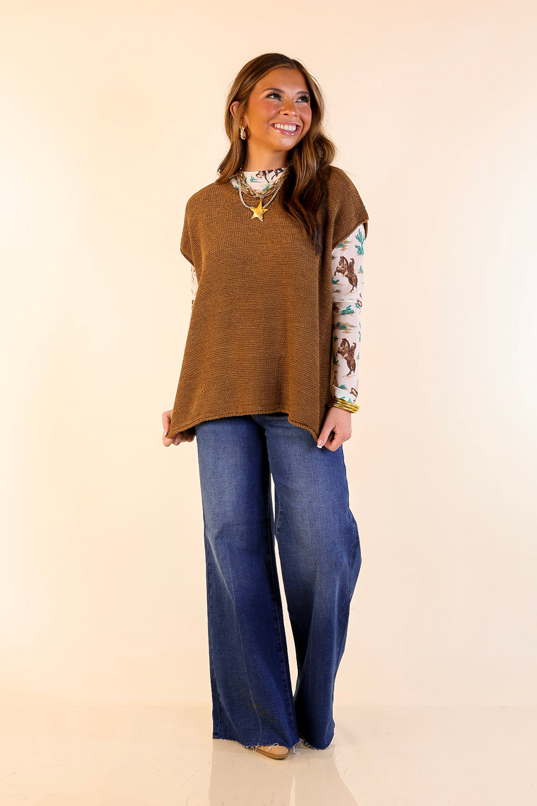 Forever Favorite Oversized Crew Neck Sweater Vest in Camel Brown