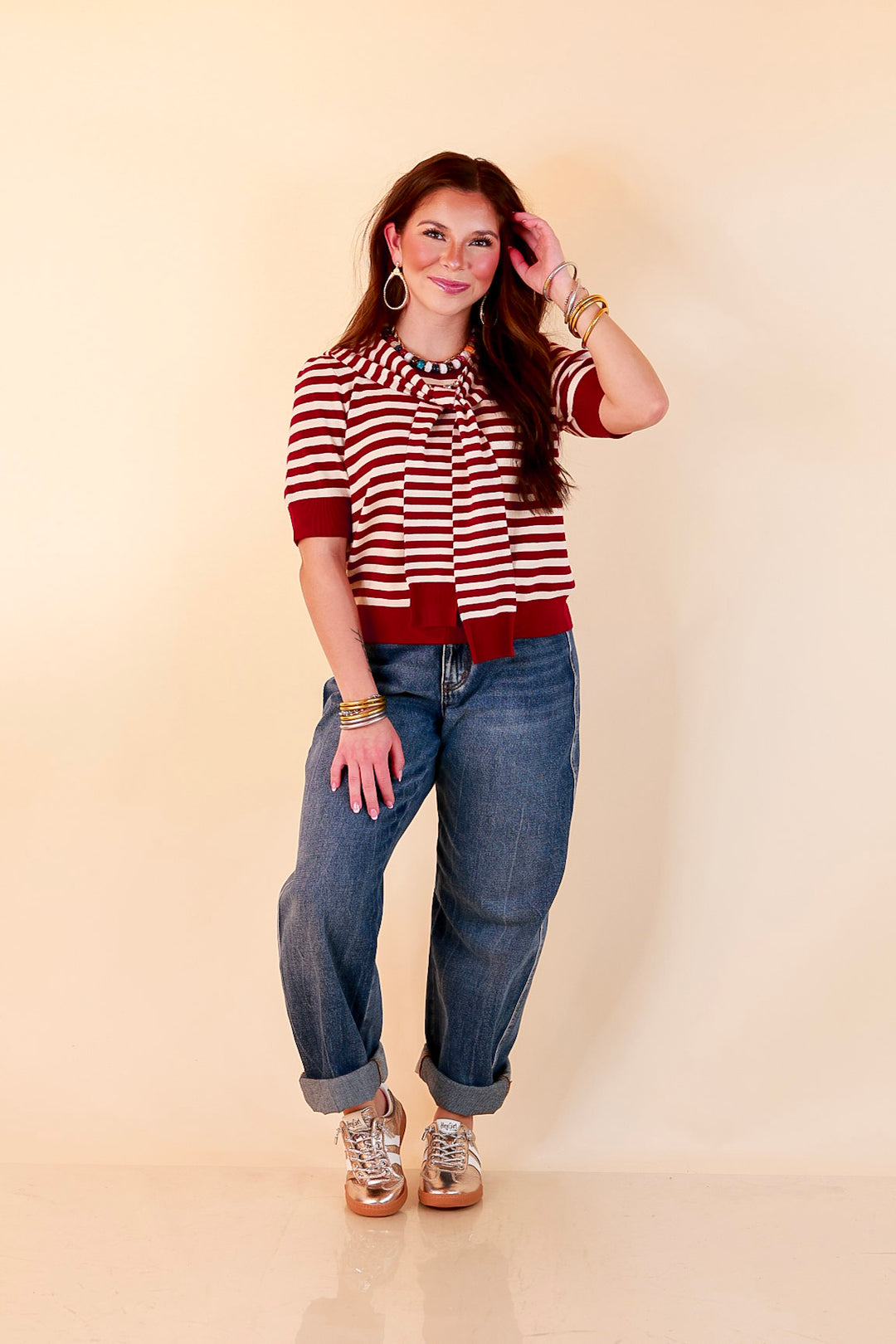 Leading Lady Faux Sweater Tie Detail Short Sleeve Striped Knit Top in Burgundy and Ivory