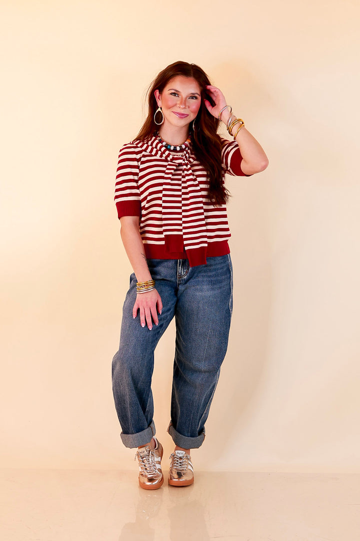 Leading Lady Faux Sweater Tie Detail Short Sleeve Striped Knit Top in Burgundy and Ivory