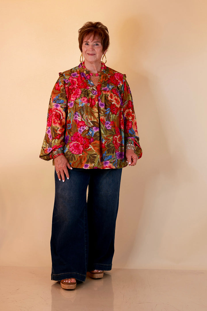 Garden Social Long Sleeve Ruffle Shoulder V-Neck Flowy Floral Print Blouse in Olive Green Multi