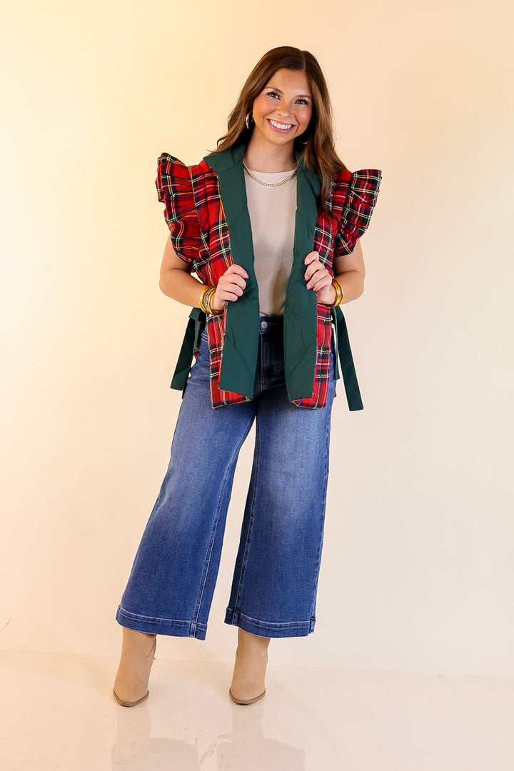 Mud Pie | Jefferies Quilted Plaid Reversible Vest with Ruffle Cap Sleeves and Bow Side Closure in Red