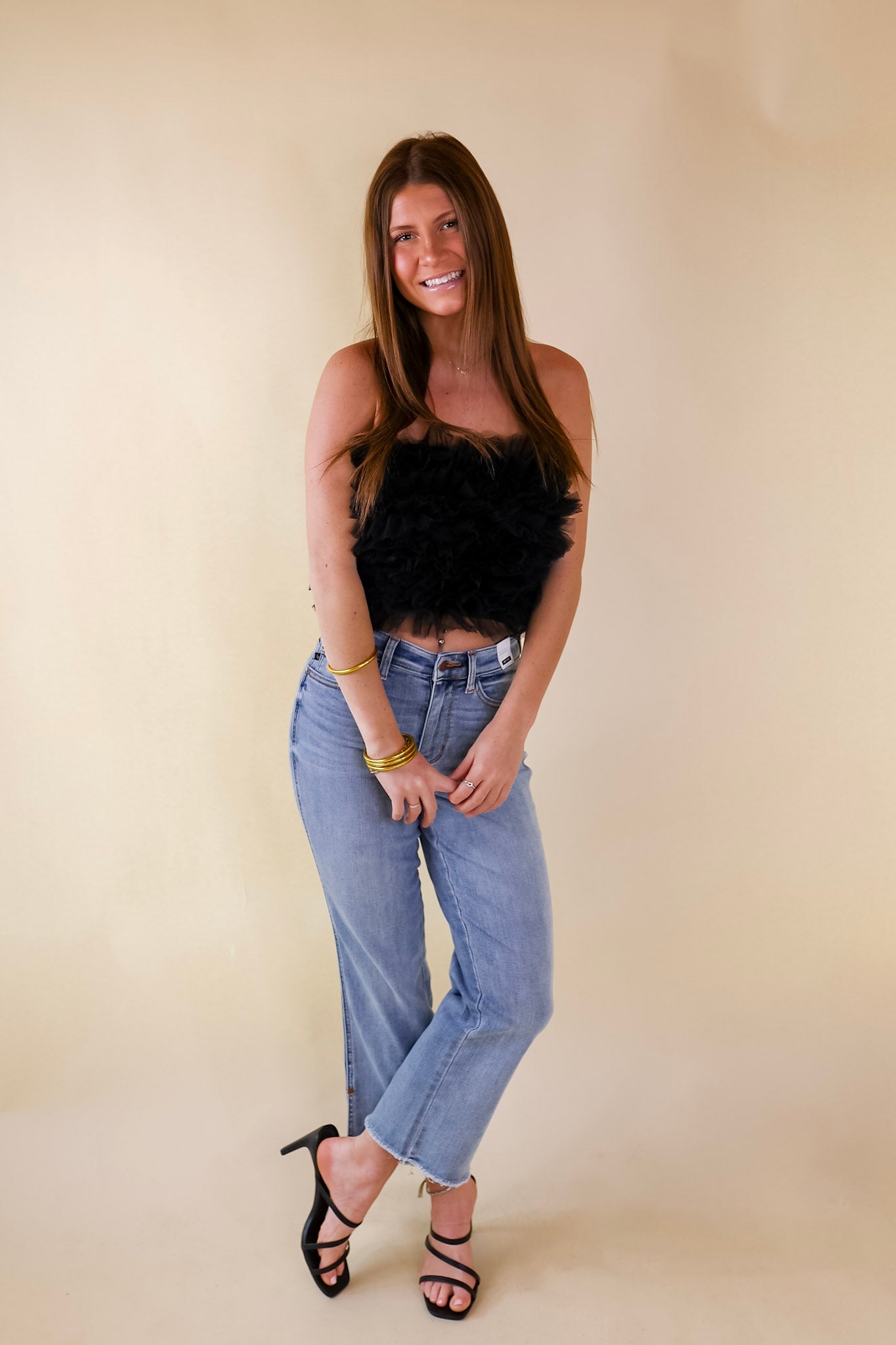 First Class Flair Tulle Cropped Tube Top in Black - Giddy Up Glamour Boutique