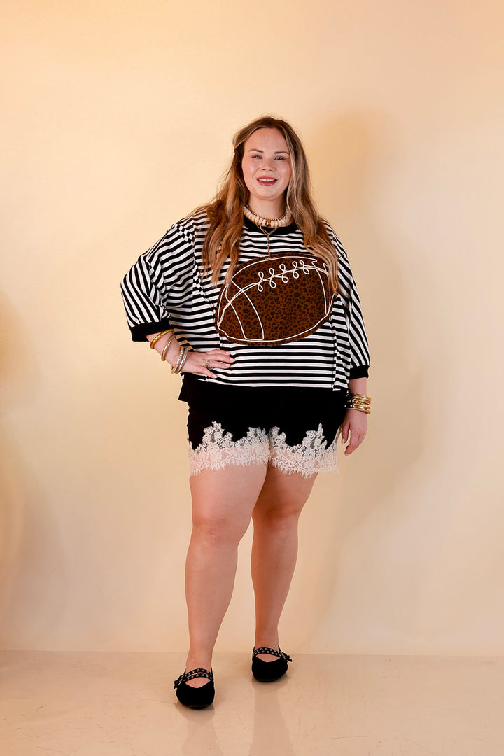 Put Me In, Coach Leopard Football Appliqué Oversized Graphic Striped Top in Black and Ivory