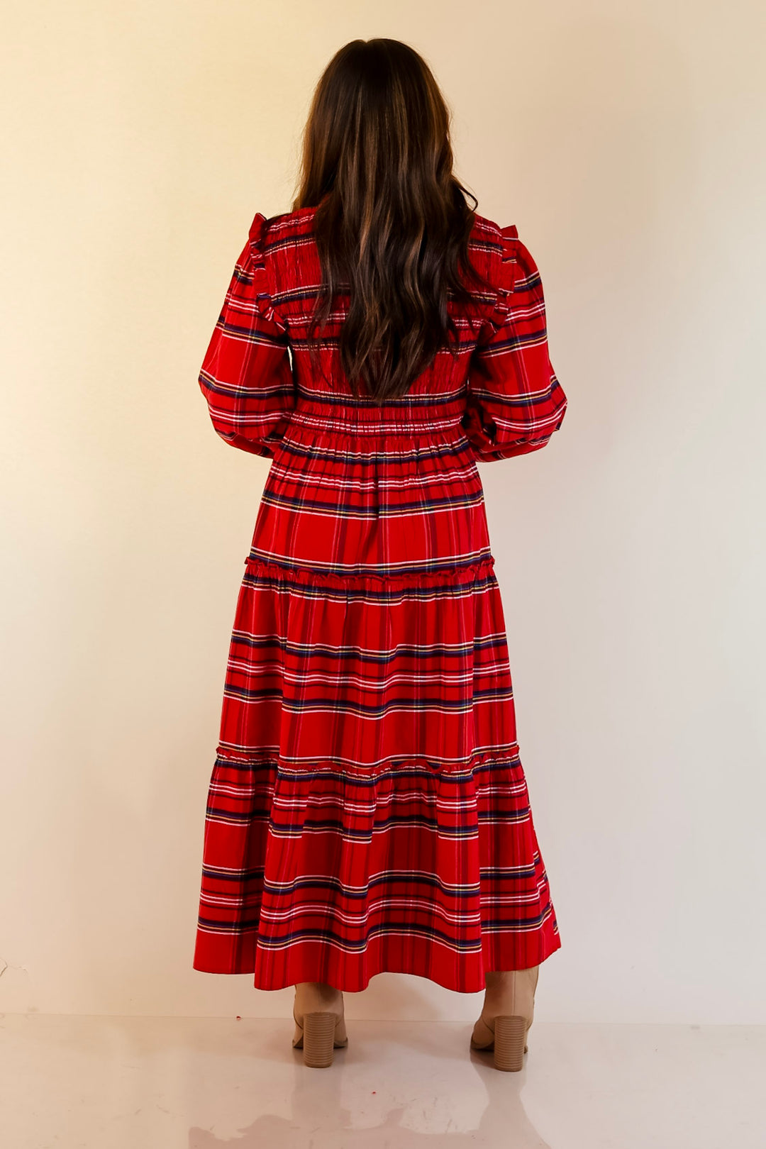 Mud Pie | Walton Smocked Bodice Long Sleeve Plaid Midi Dress with Tiered Skirt in Red