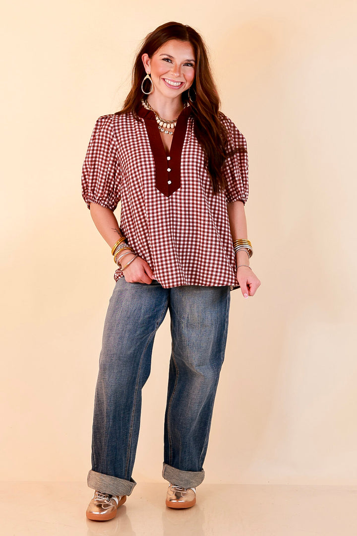 Check the Agenda Contrast V-Neck Button Detail Gingham Puff Sleeve Top in Maroon and Ivory