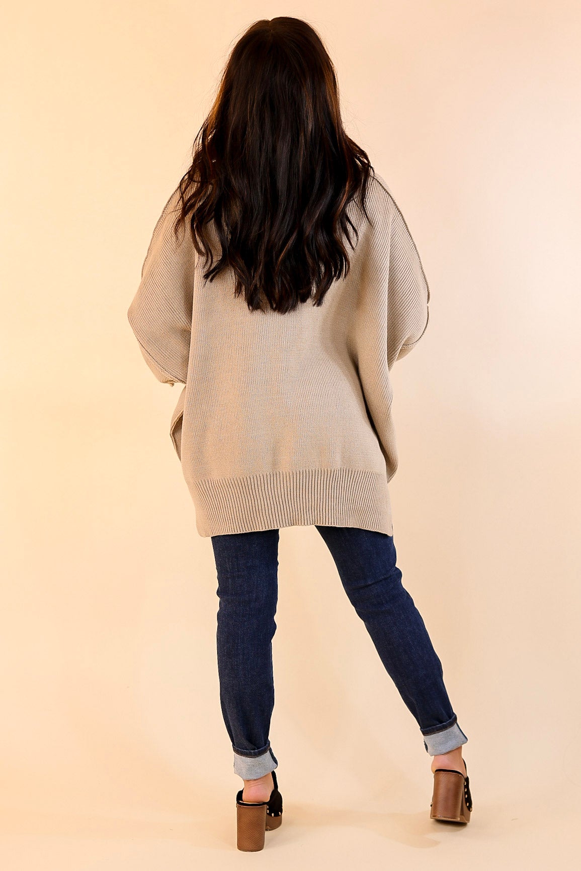 Snug and Stylish Mock Neck Sweater with Side Slit in Light Mocha Brown