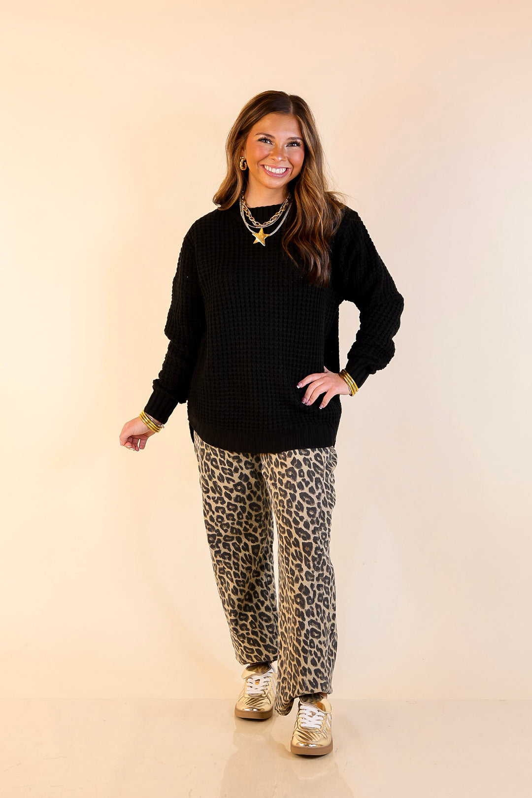 Cool Day Classic Scoop Neck Long Sleeve Large Waffle Knit Sweater in Black