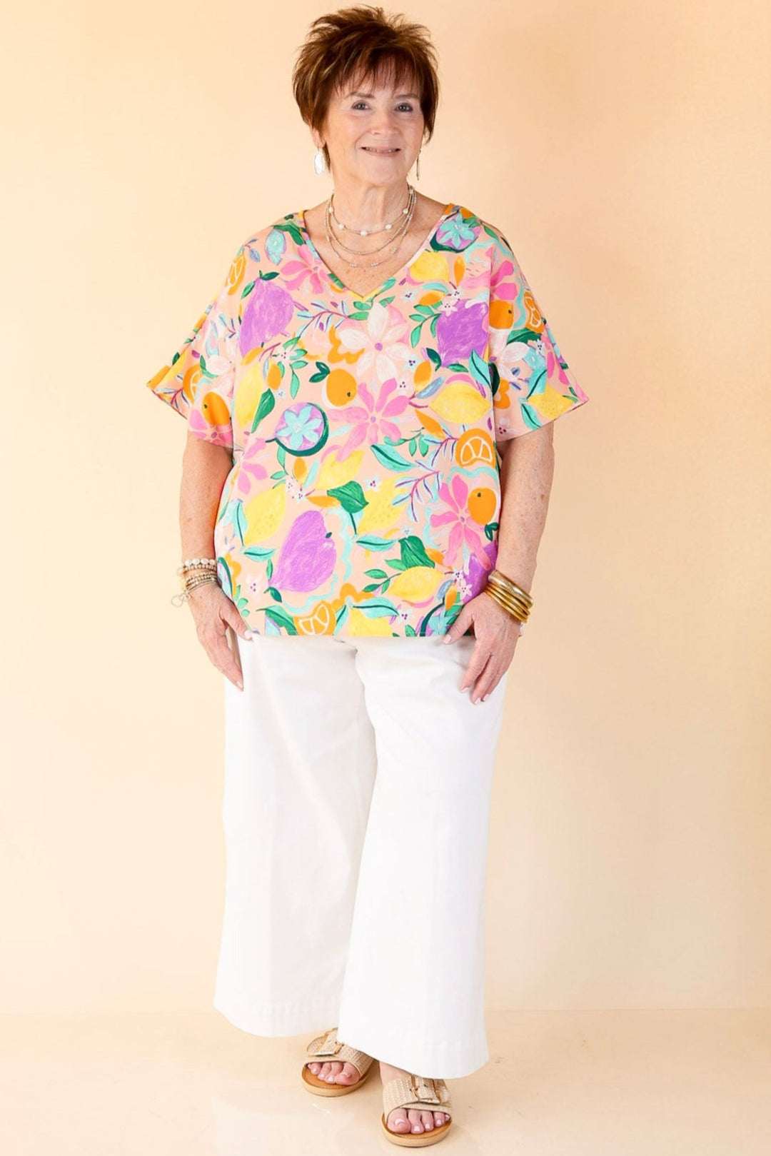 Majestic Moment V Neck Fruit Print Poncho Top in Blush Pink