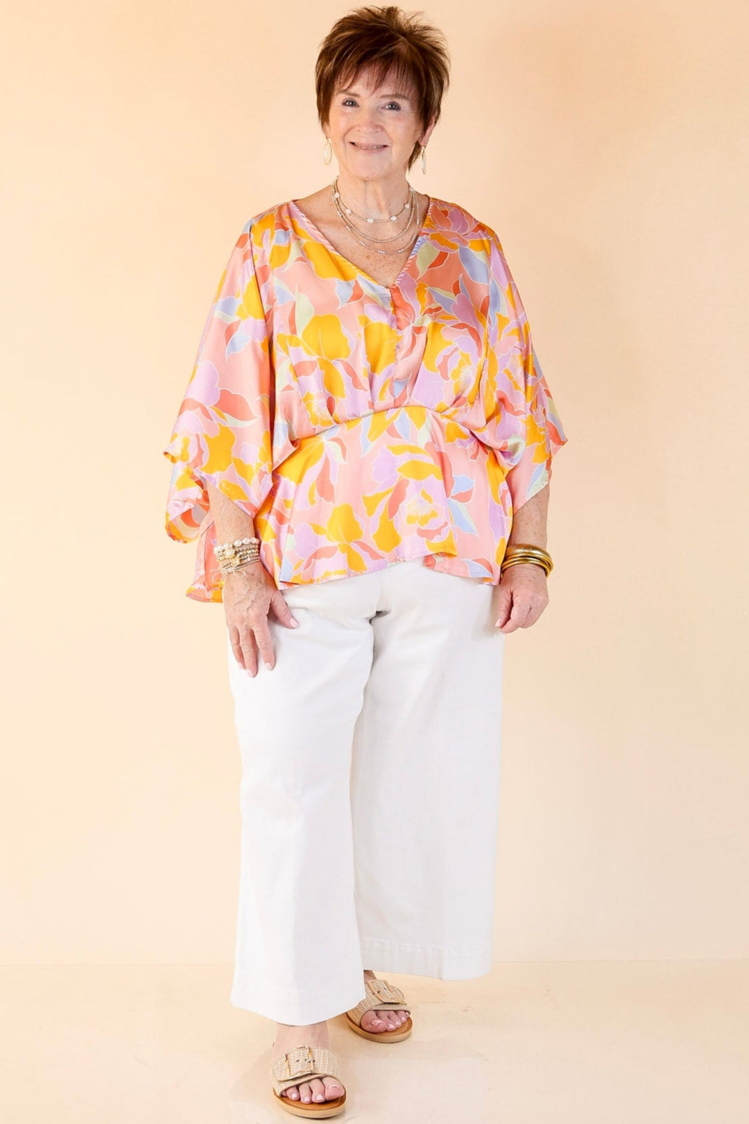 Hear the Music Drop Sleeve Satin Mosaic Print V Neck Peplum Top in Coral Pink Mix