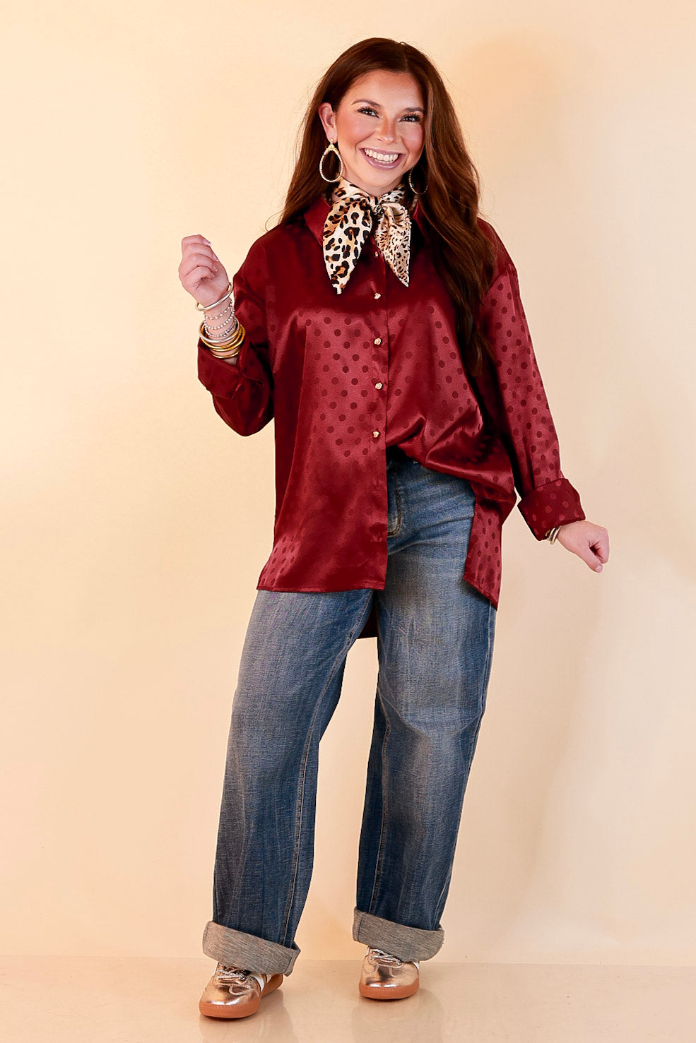 Polished Point of View Satin Collared Polka Dot Button Down Blouse with Gold Buttons in Maroon