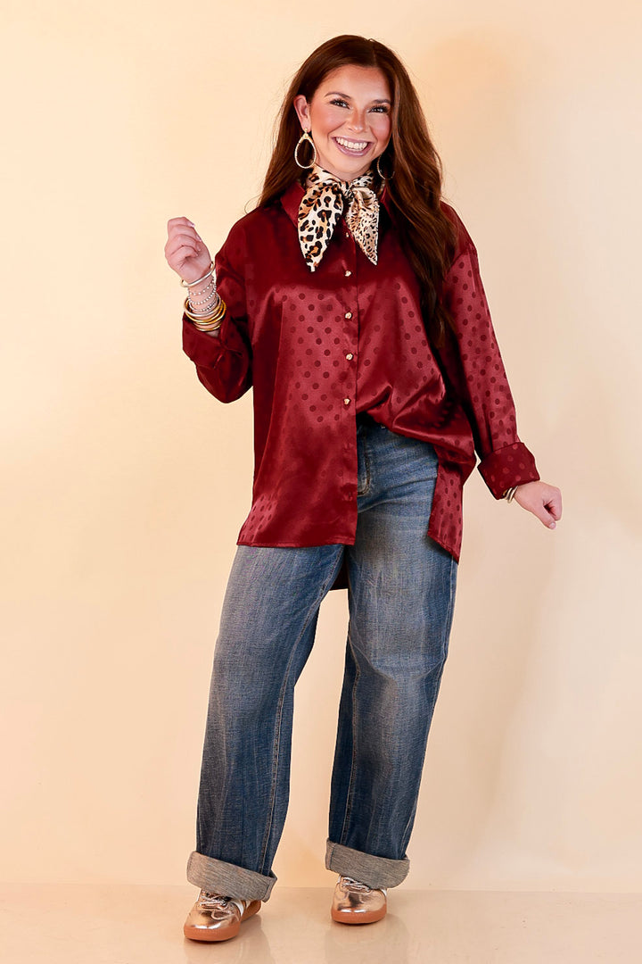 Polished Point of View Satin Collared Polka Dot Button Down Blouse with Gold Buttons in Maroon