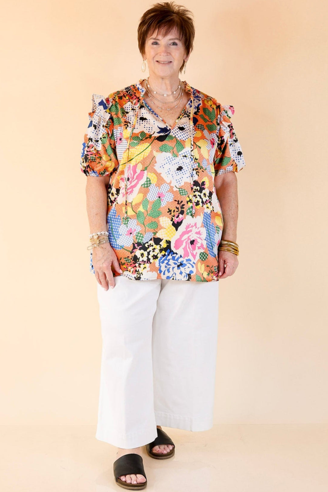 Malibu Villa Floral Print Top with Keyhole and Tie Neckline in Orange Mix