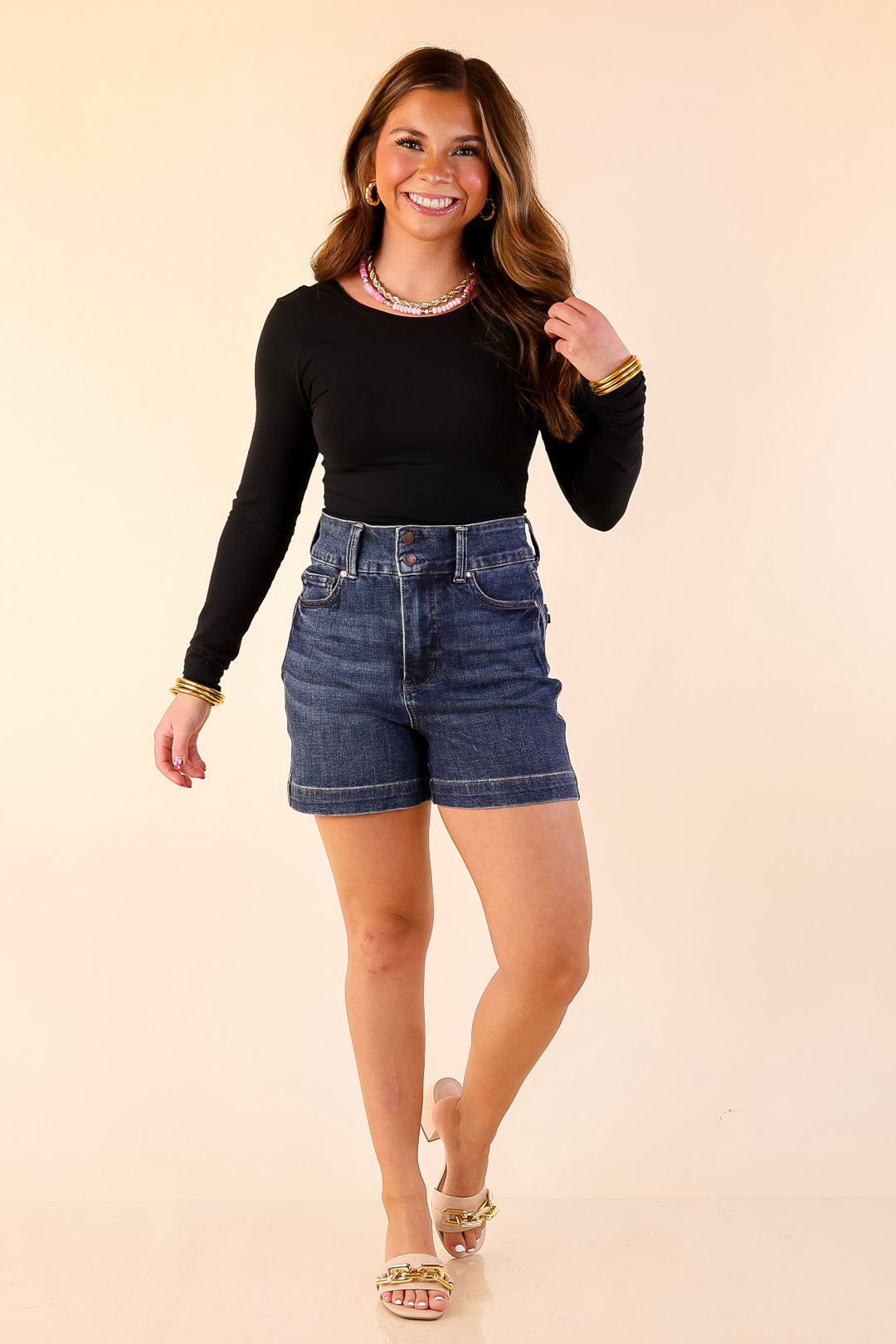 Judy Blue | Off-Duty Essential Tummy Control Trouser Shorts with Double Button Waistband in Dark Wash