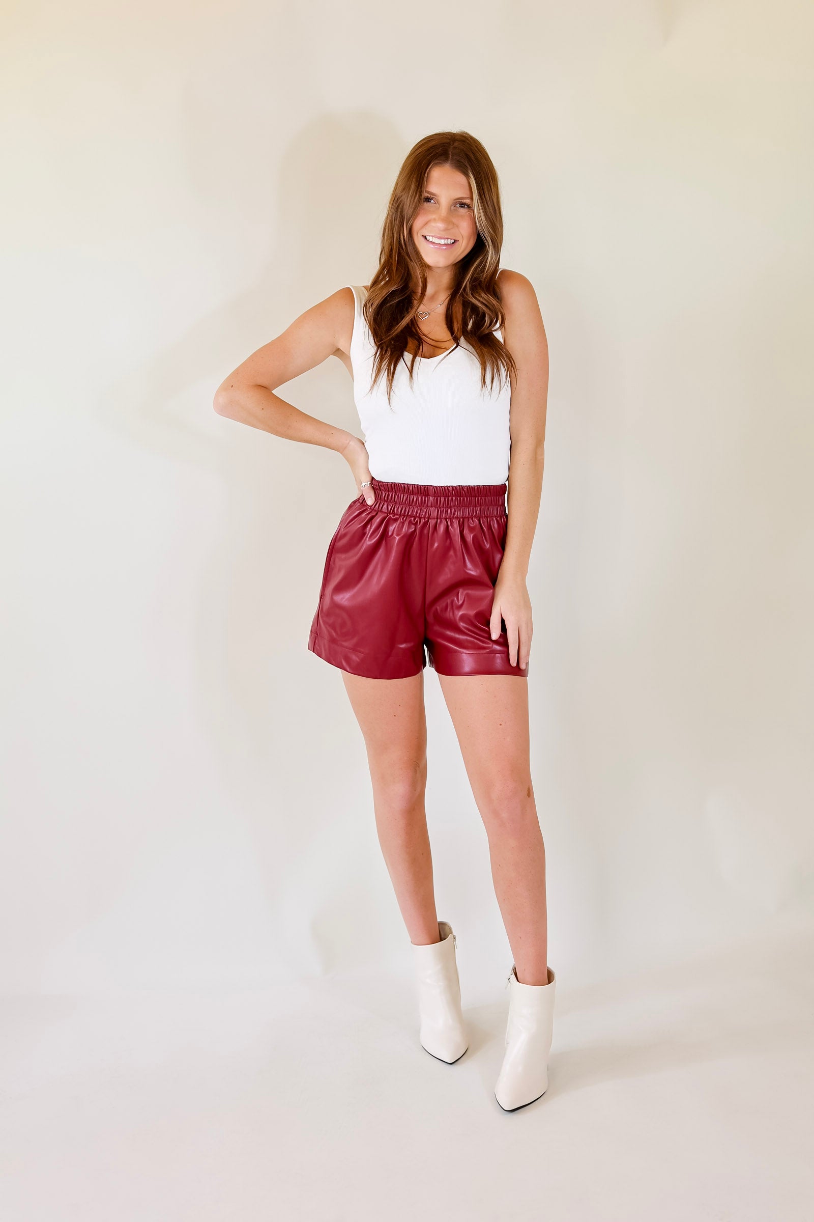 Making a Statement Faux Leather Shorts in Garnet Red - Giddy Up Glamour Boutique
