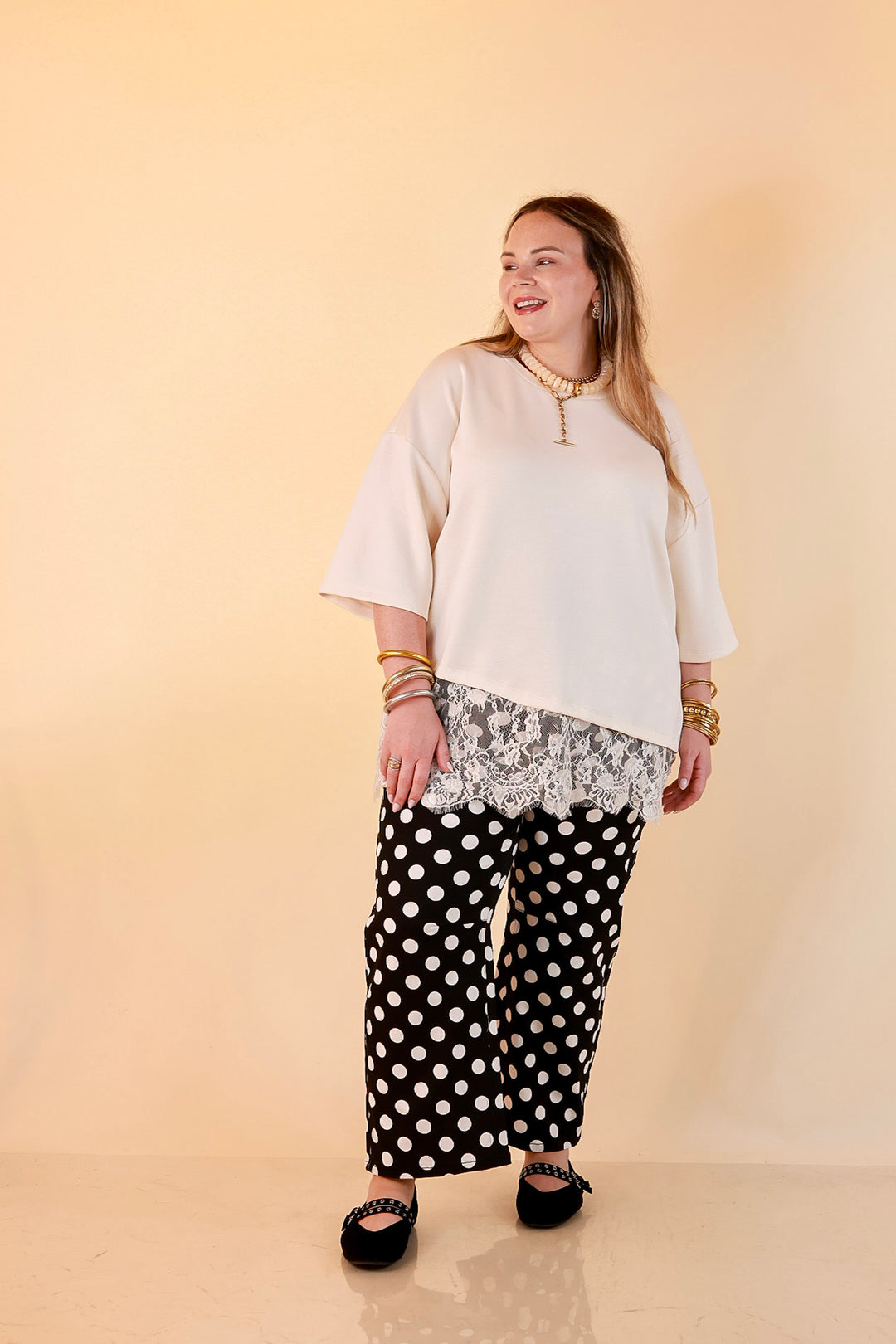 Just My Type Polka Dot Wide Leg Barrel Jeans with Drawstring Waist and Pockets in Black and White