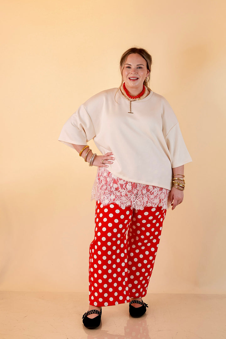 Just My Type Polka Dot Wide Leg Barrel Jeans with Drawstring Waist and Pockets in Red and White