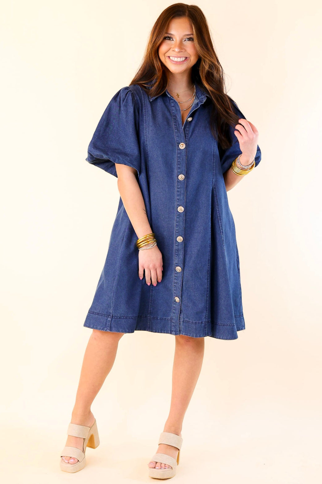 Denim Diva Button Up Denim Dress with Short Puff Sleeves