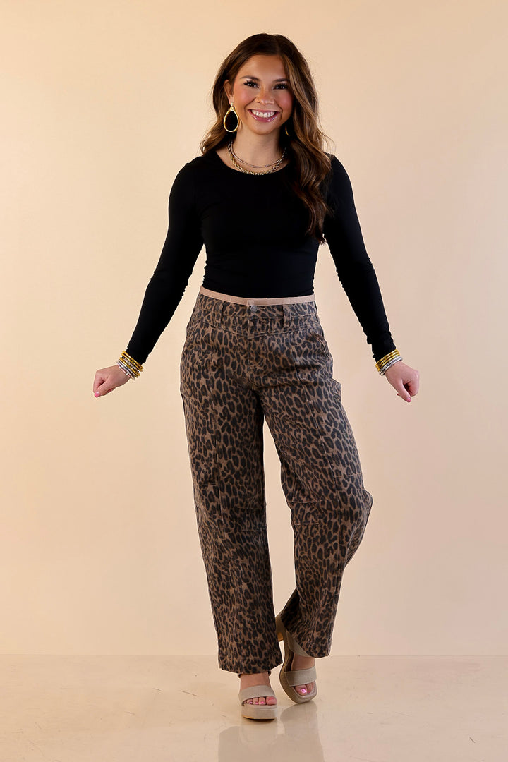 Risen | Wild Card Leopard Print Denim Barrel Jeans in Brown