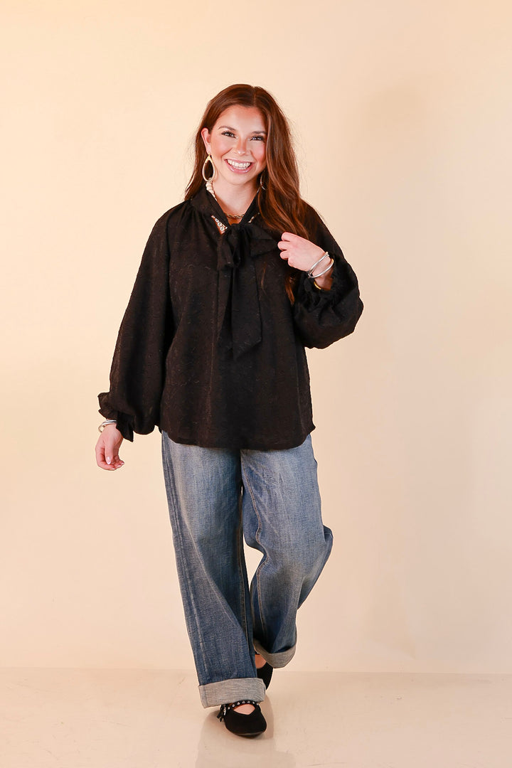 Commanding Attention Tie Neck Velvet Animal Print Balloon Sleeve Blouse in Black